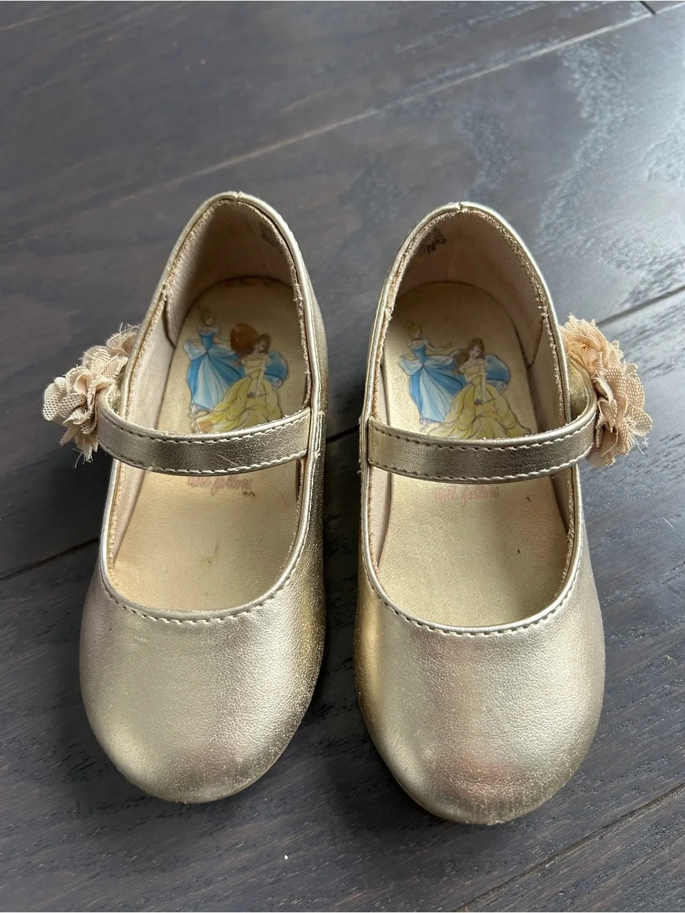 Disney Girls Metallic Gold Mary Jane Dress Shoes with Floral Accent